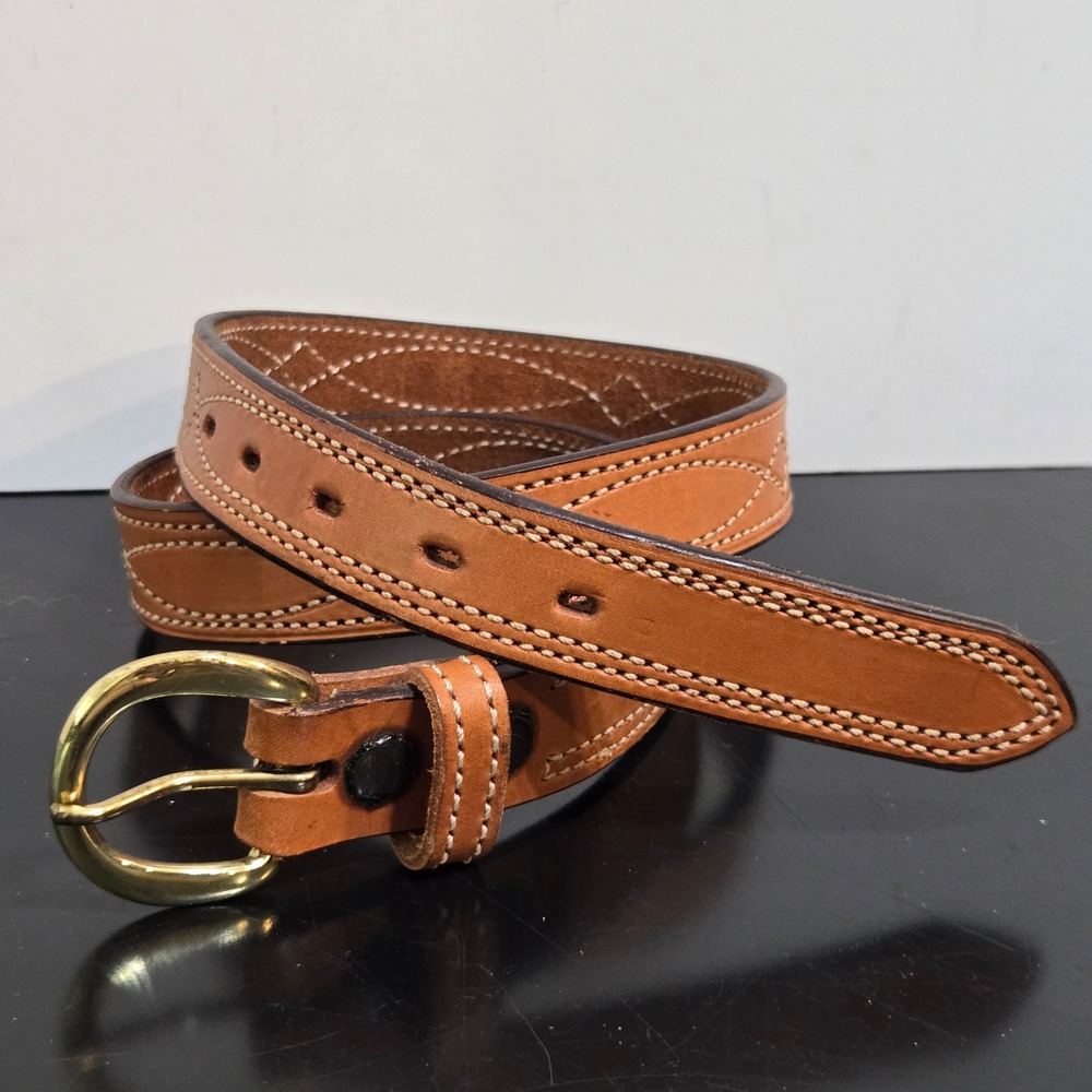 Bianchi B24 Belt Mens 38 Tan Brown Leather Fancy Stitched Solid Brass Buckle